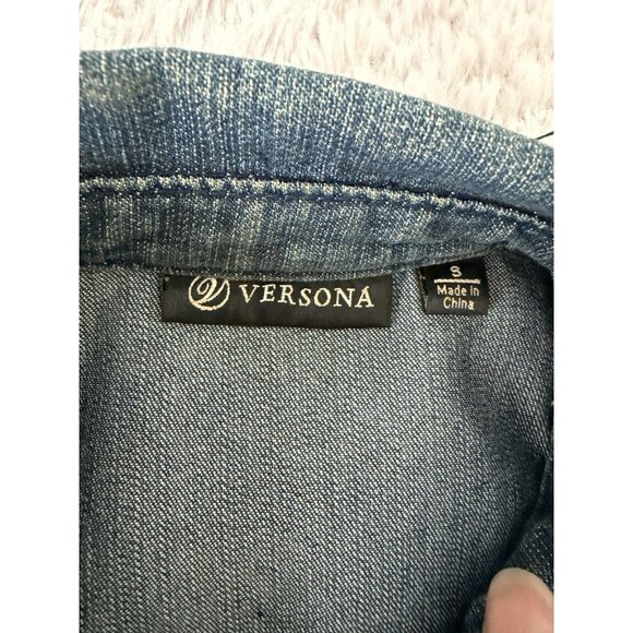 Versona Women’s Denim Jean Jacket Small Medium Wash Raw Hem Button Front Stretch - Picture 8 of 10